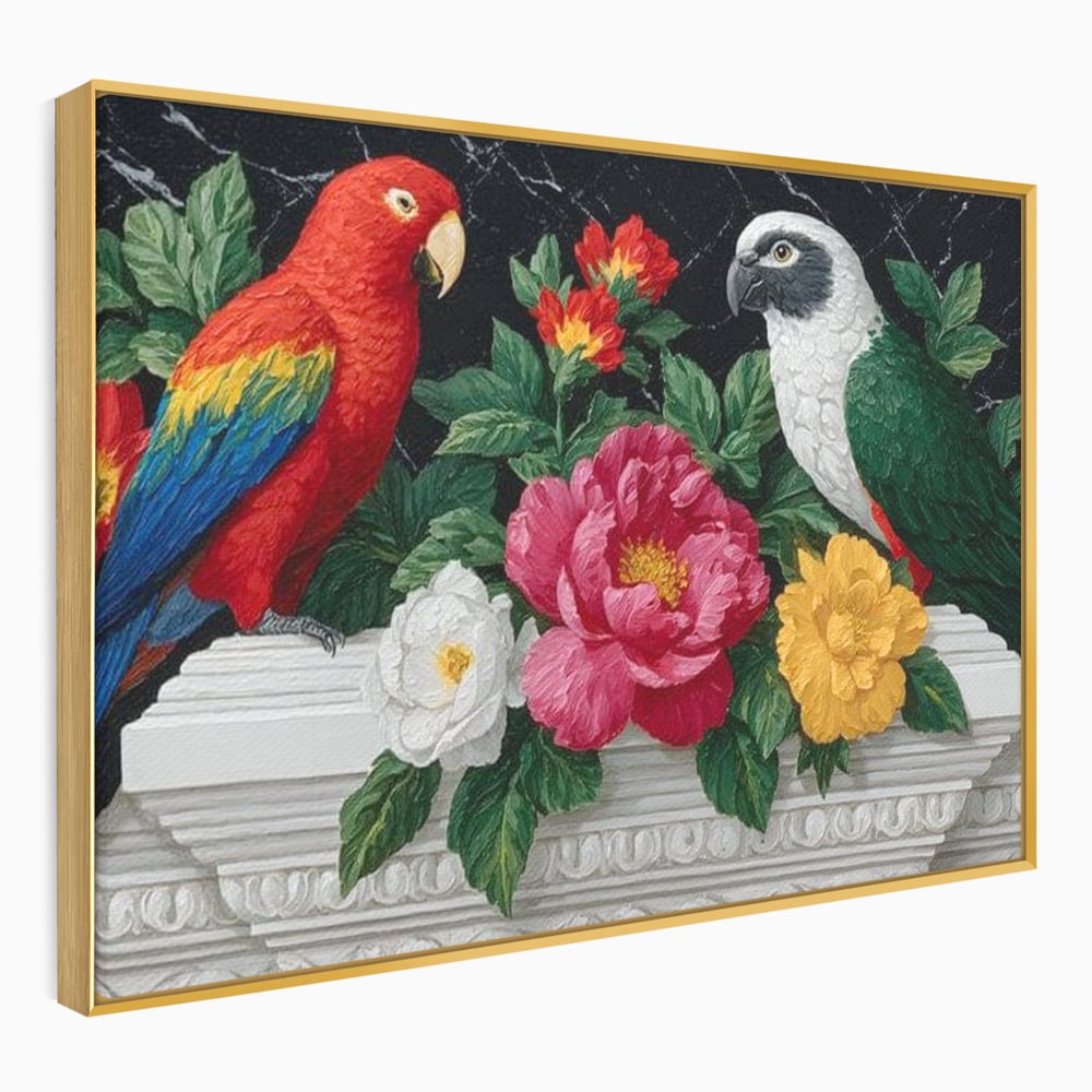 Tablou canvas cu pictura cu papagali si flori, in rama de aluminiu auriu